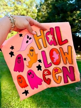 Halloween Ghost Graphic Comfort Colors Tshirt Neon Pink & Orange Small-XL